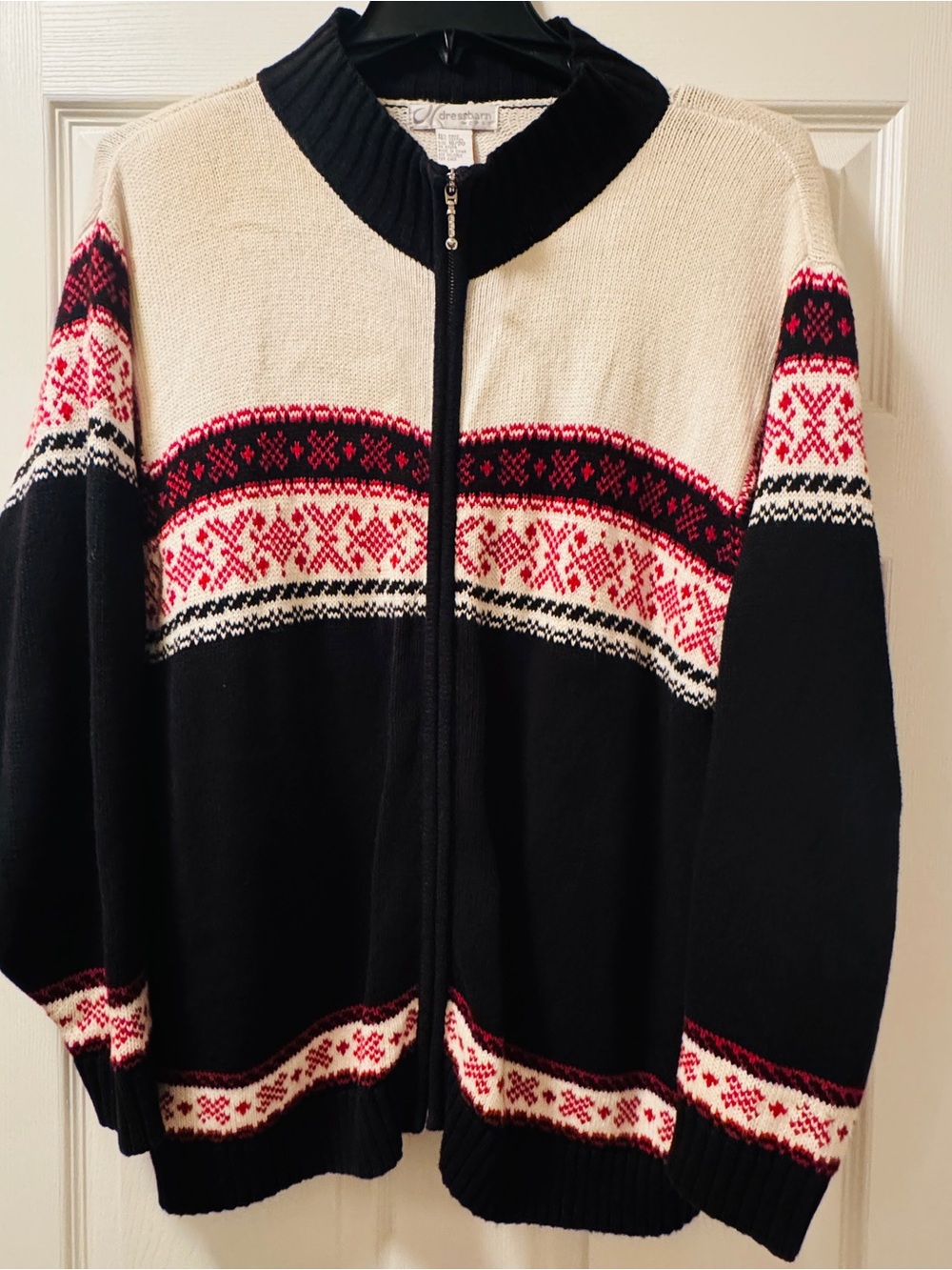dressbarn Black, Cream & Red Fair Isle Zip Front Cardigan